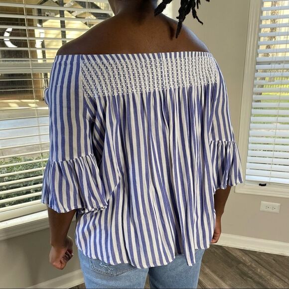 2/$20 a.n.a. Off Shoulder Striped Blue White Top - Picture 5 of 12